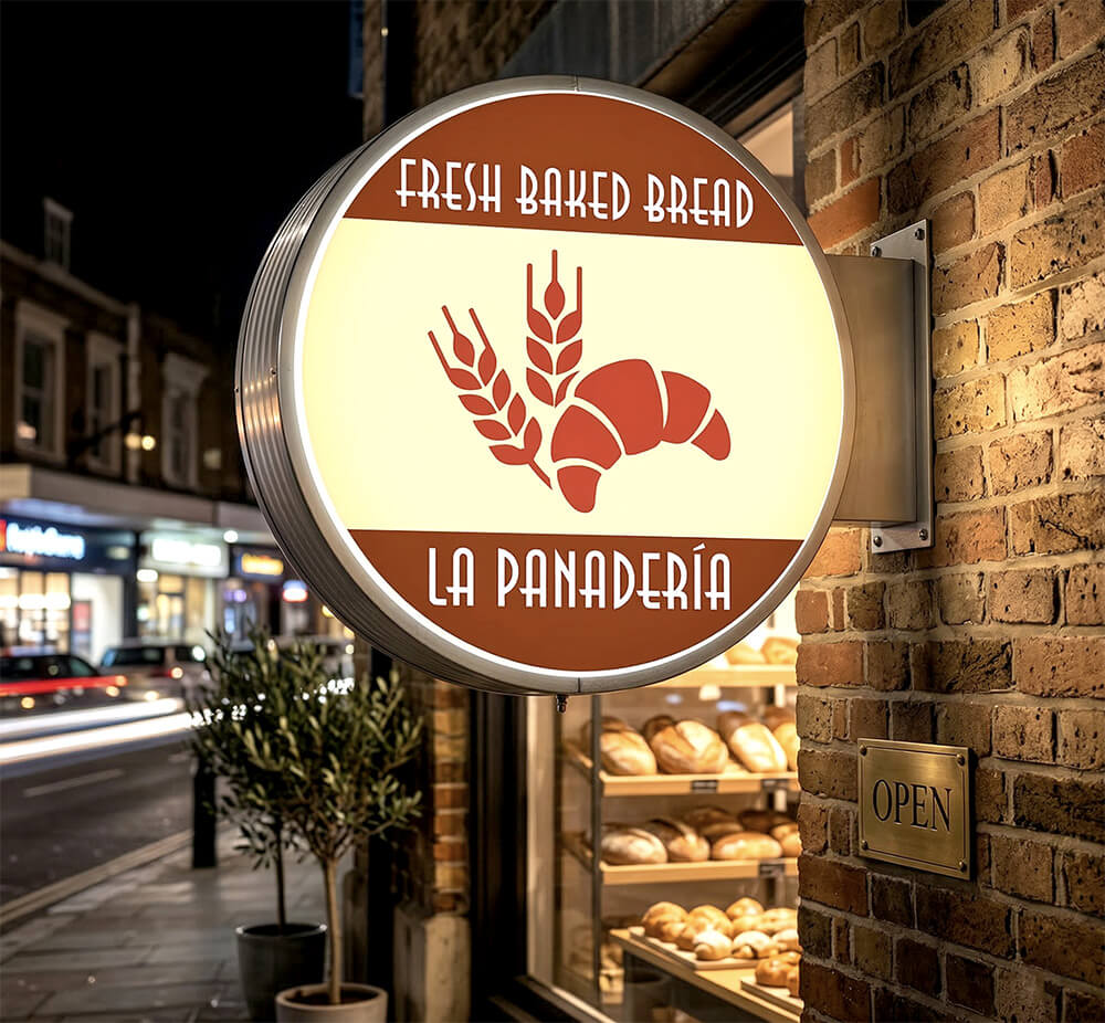 丸型突き出し看板（袖看板）設置事例 - LED内照式φ900mm