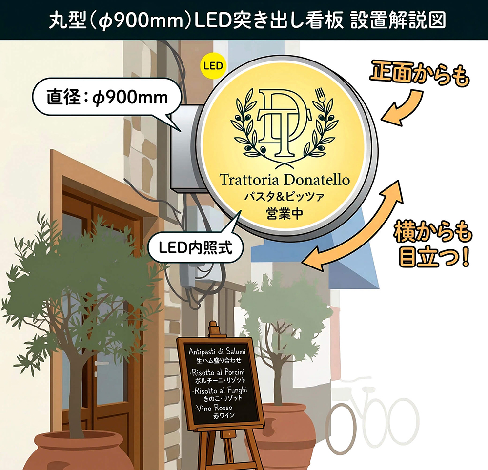 突き出し看板（袖看板）の仕組みと視認性の説明図