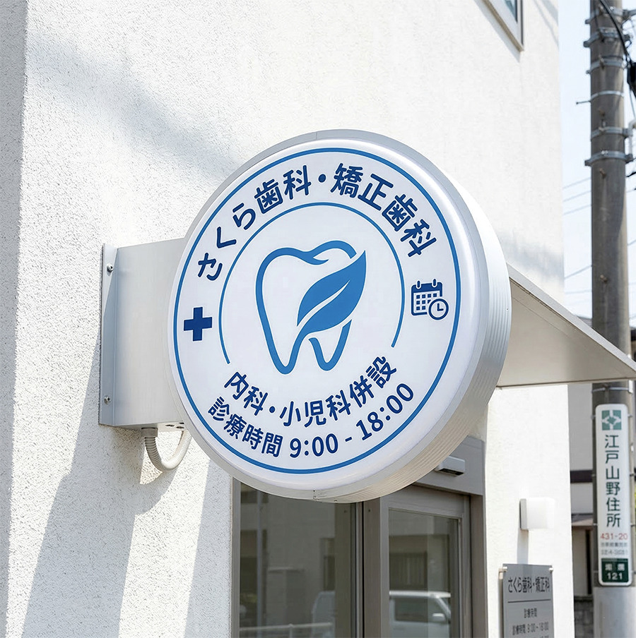 歯科医院 丸型突き出し看板 φ450mm LED施工事例