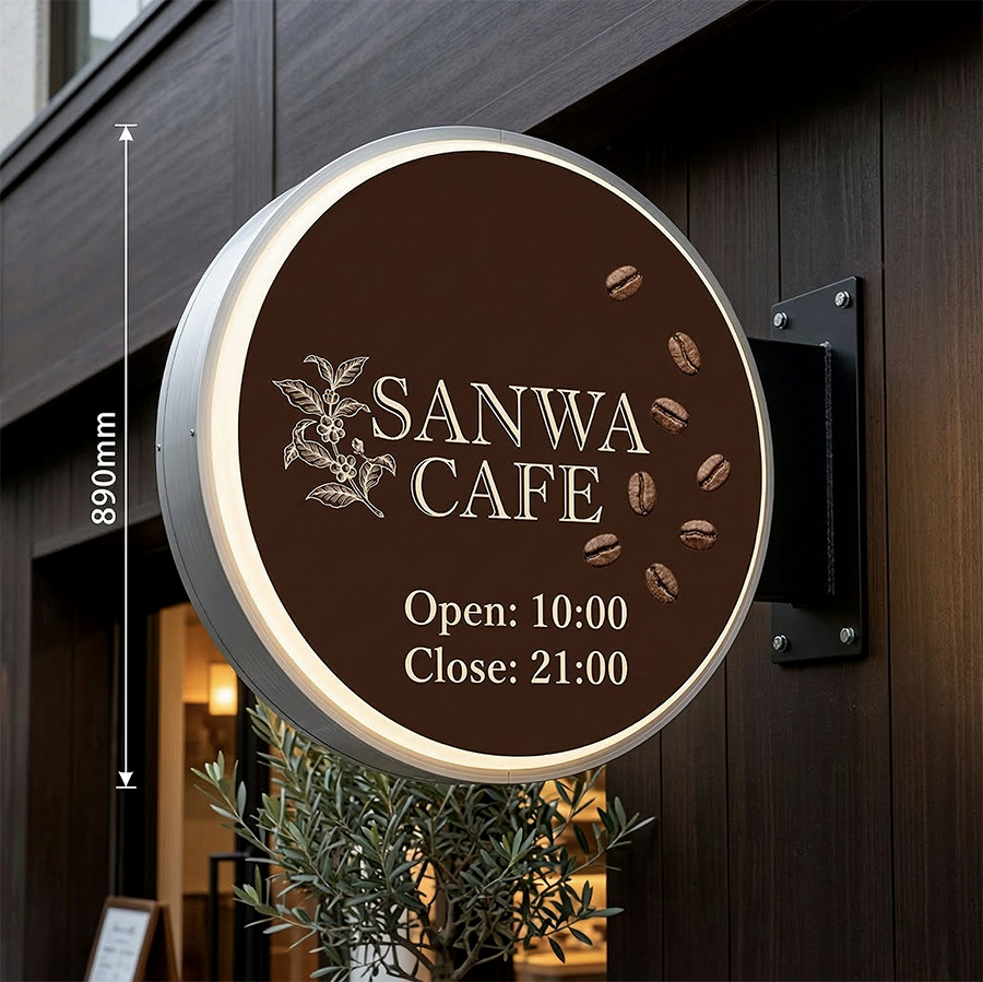 カフェ 丸型突き出し看板 施工事例