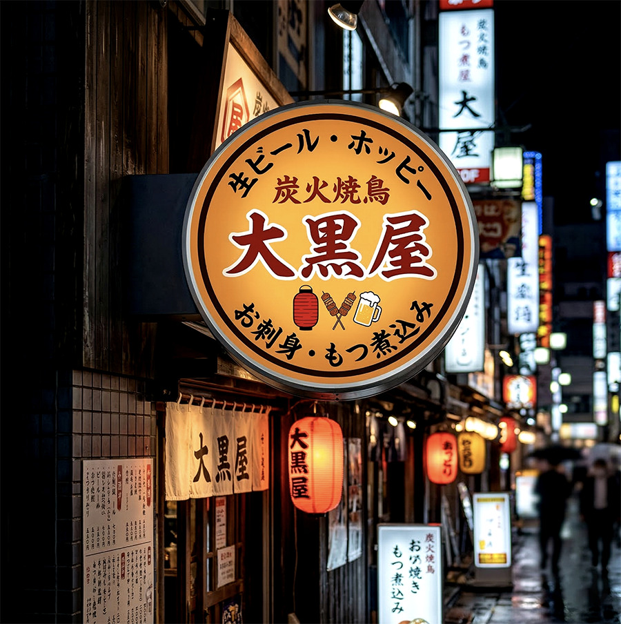 居酒屋 丸型突き出し看板 施工事例