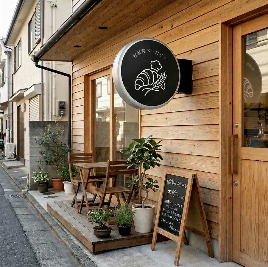 パン屋 丸型突き出し看板 夜間LED点灯施工事例