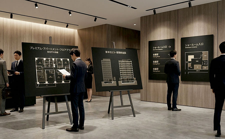 不動産・ショールームの黒スチレンボードを使ったサイネージパネル