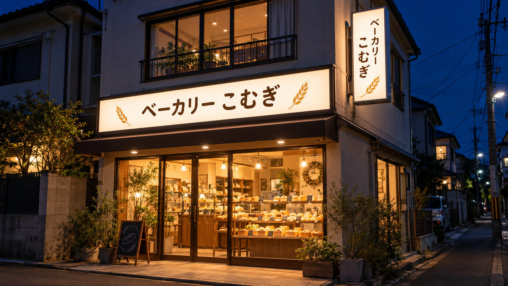 LED化して夜間に均一に明るく光る店舗の壁面看板と袖看板