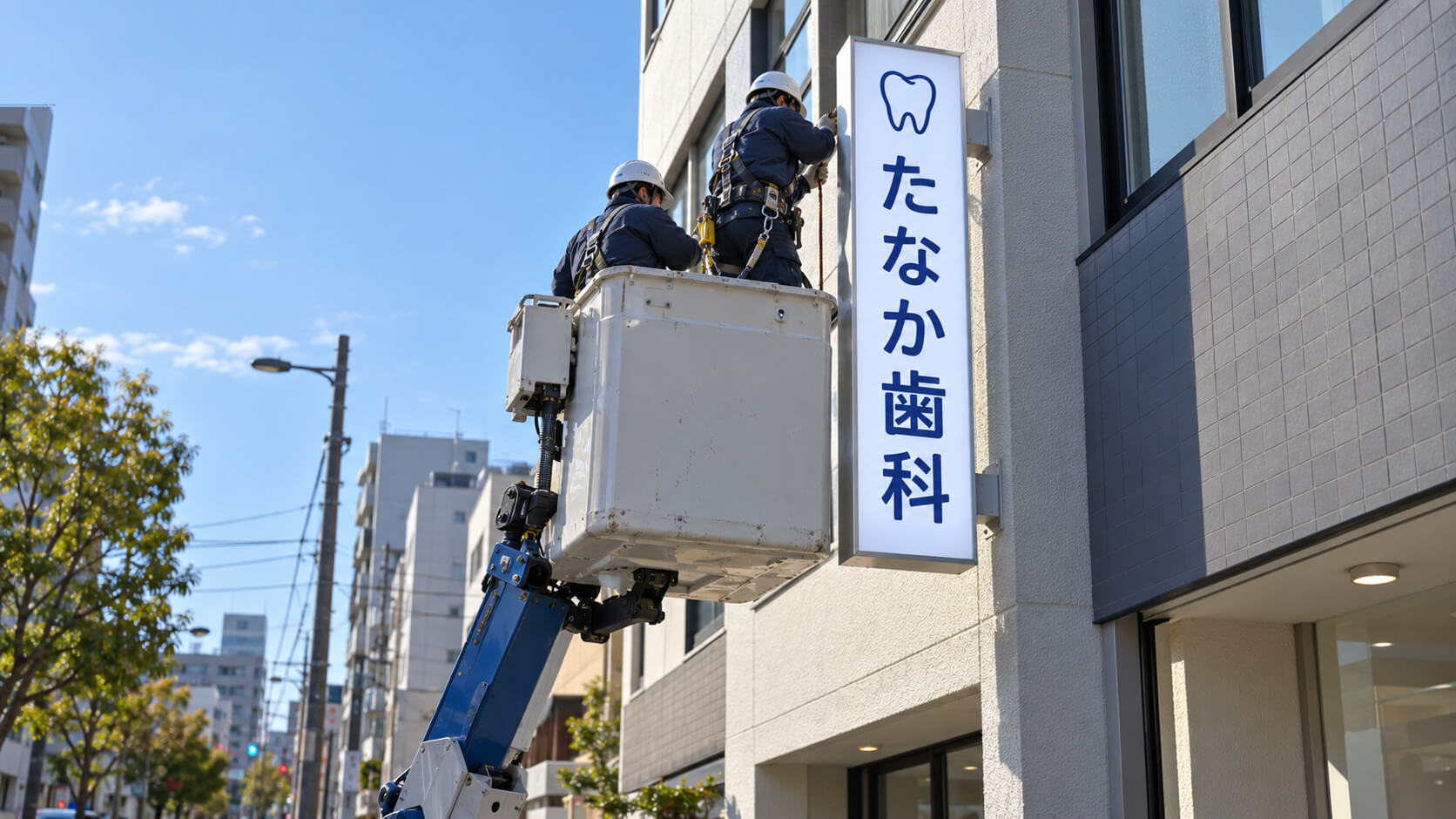 高所作業車を使って新しいLED内照式の袖看板を取り付けている職人