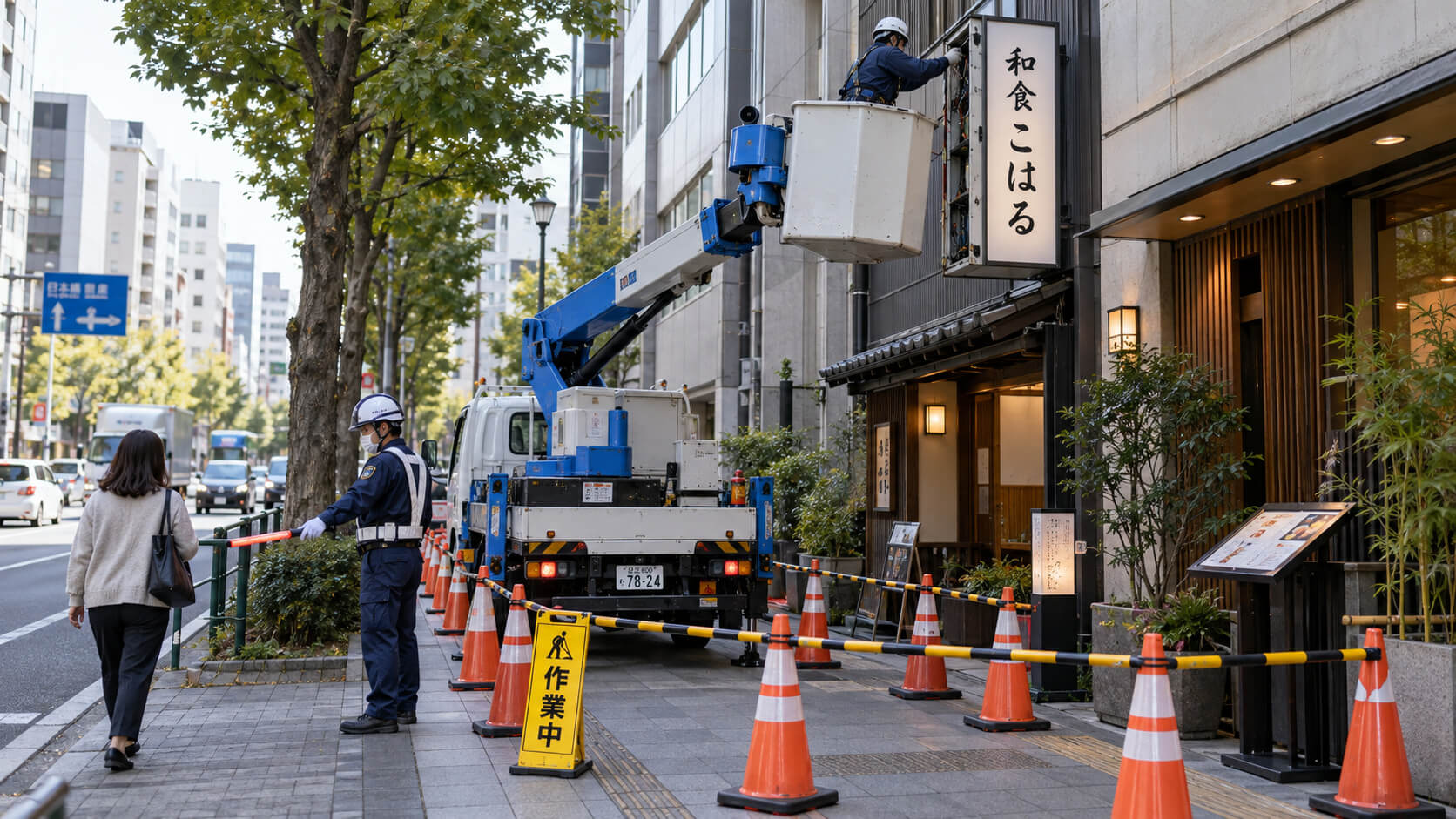 歩道に高所作業車を停め、カラーコーンで安全を確保して袖看板のLED化工事を行う様子