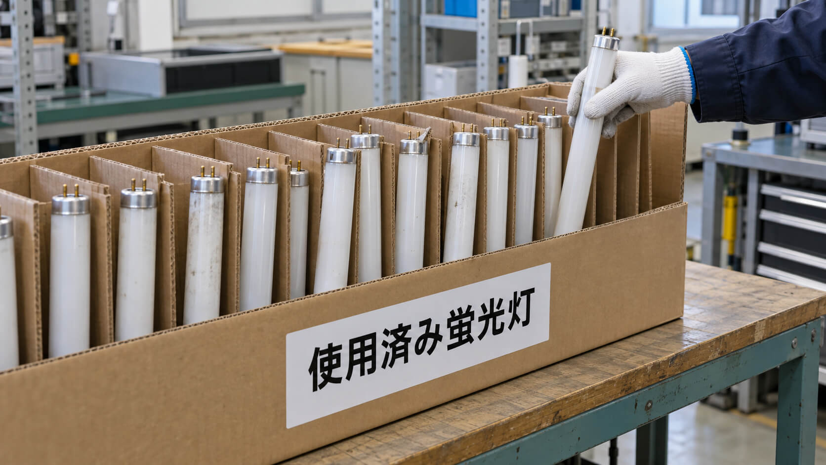 取り外した使用済みの直管蛍光灯を割れないように専用ケースに入れて保管している様子