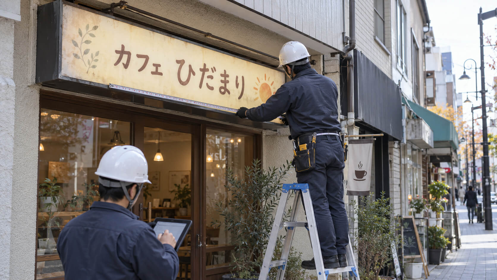 看板の前で作業着の職人が内照式看板の状態を点検しサイズを測っている様子