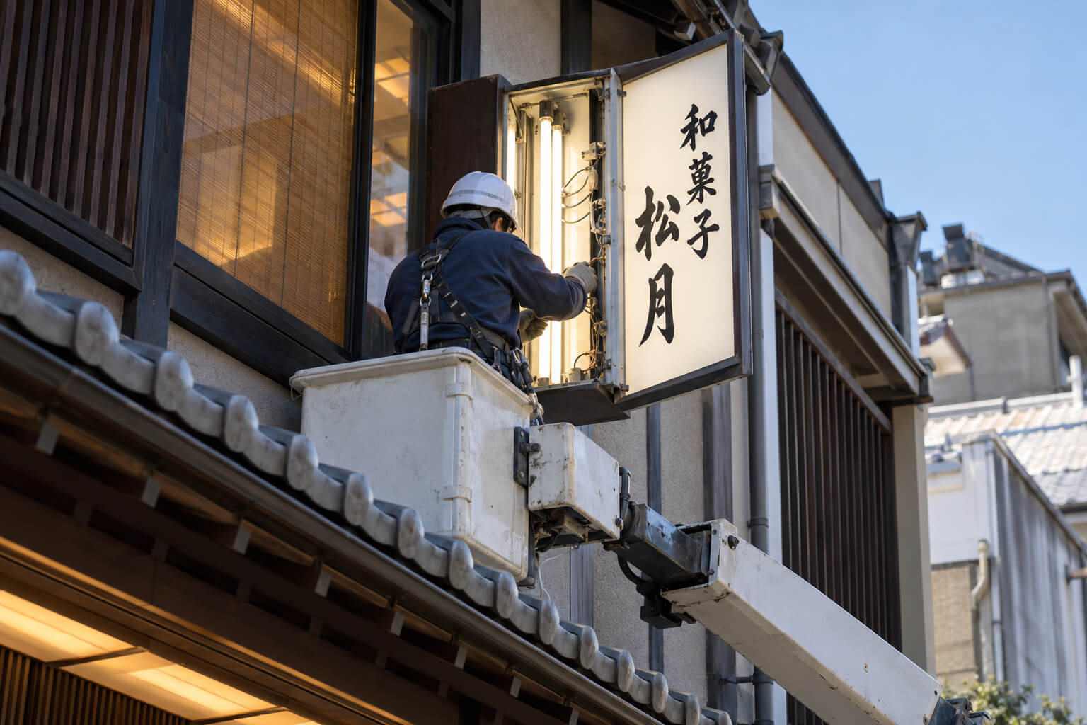 高所作業車に乗った職人がビル2階の袖看板の面板を外して修理している様子