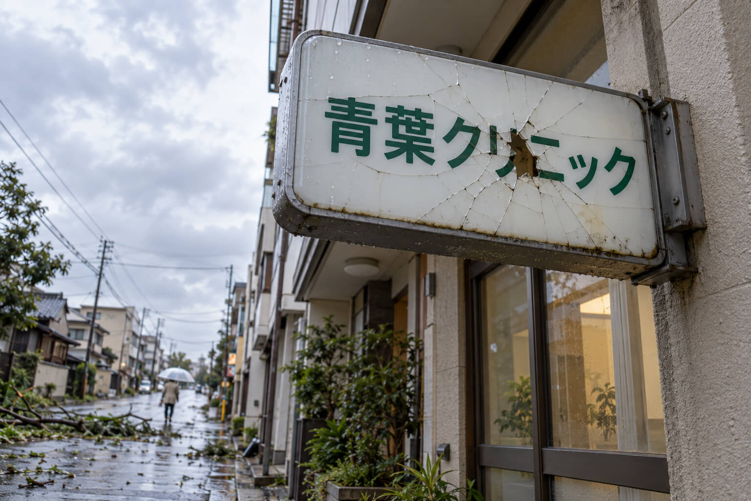 台風の飛来物でひびが入り、一部が割れてしまった袖看板のアクリル面板