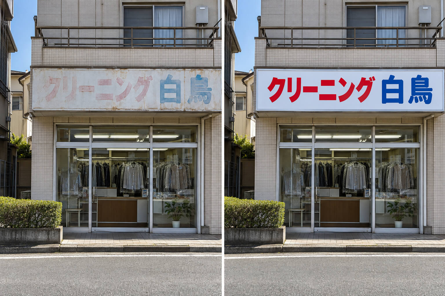色褪せて文字が読みにくくなった壁面看板と、表示面を張り替えて鮮やかになった同じ看板の比較