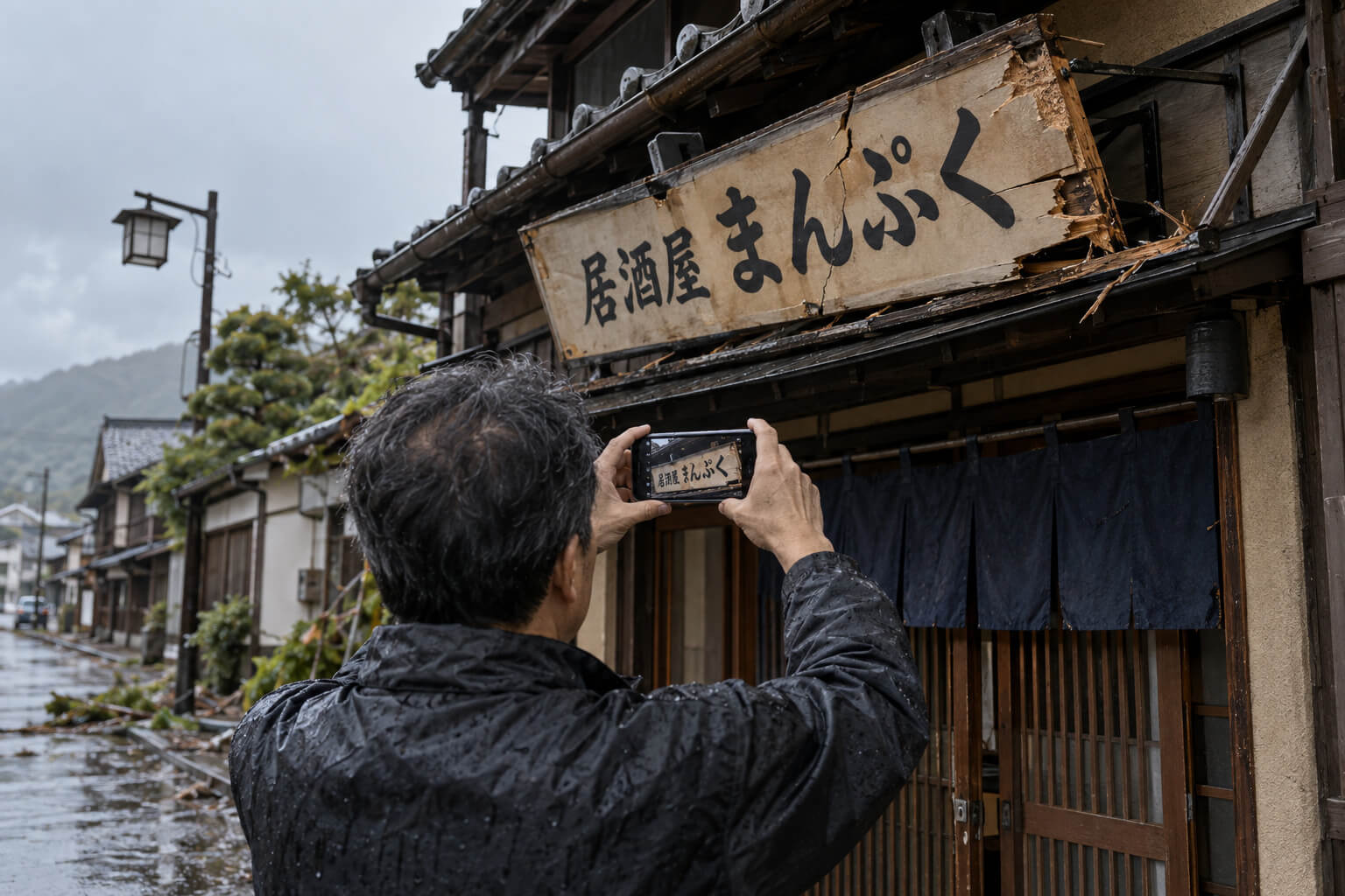 台風のあと、破損した看板をスマートフォンで撮影して記録している様子