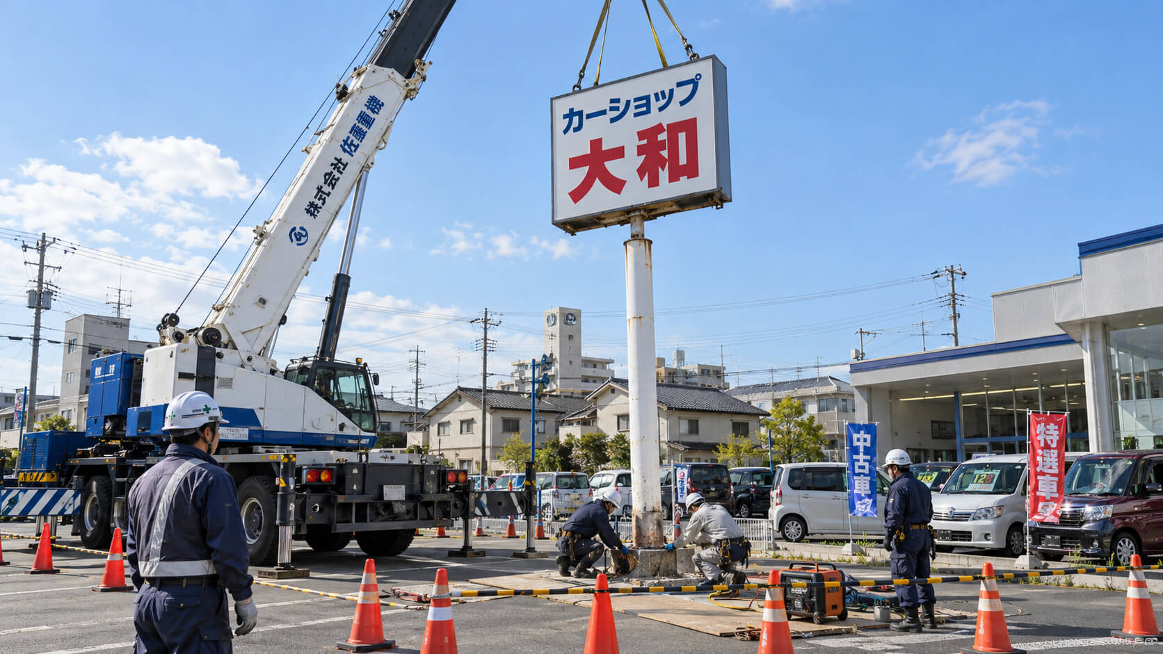 クレーン車で自立看板を吊り上げて撤去している様子