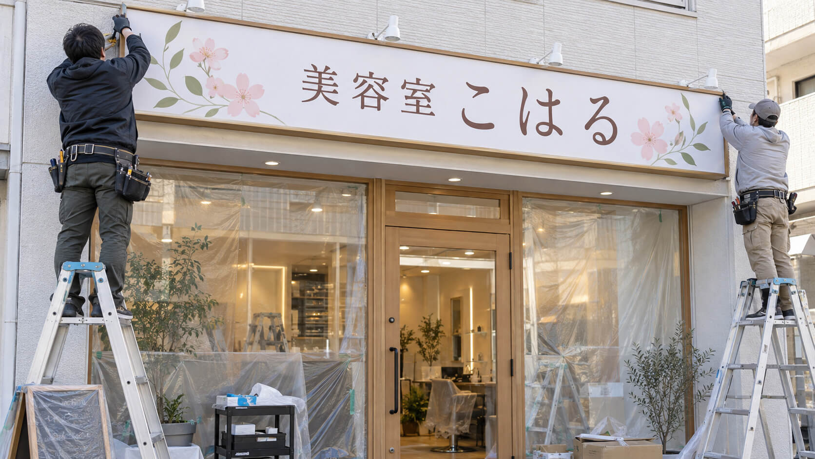 移転先の店舗で新しい看板を取り付けている職人