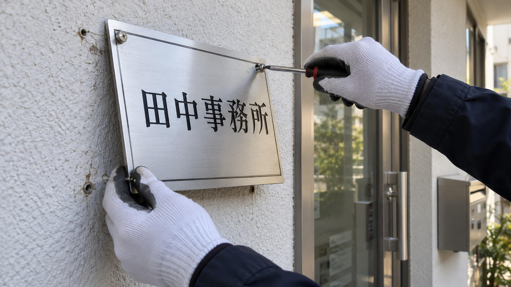 店舗の入口横にある小さなプレート看板をドライバーで取り外している様子