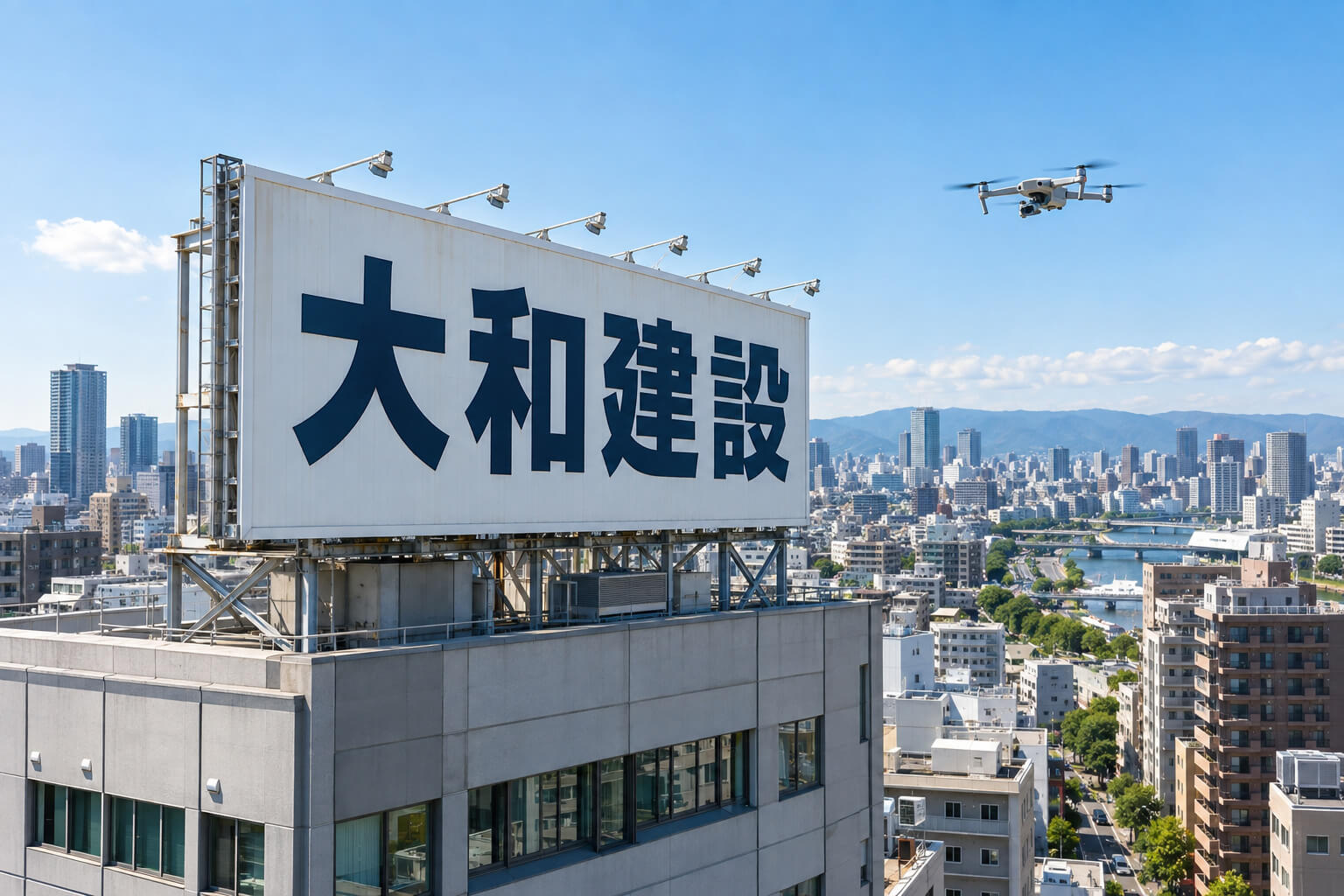 ビルの屋上看板の周りをドローンが飛び、看板の外観を撮影している様子