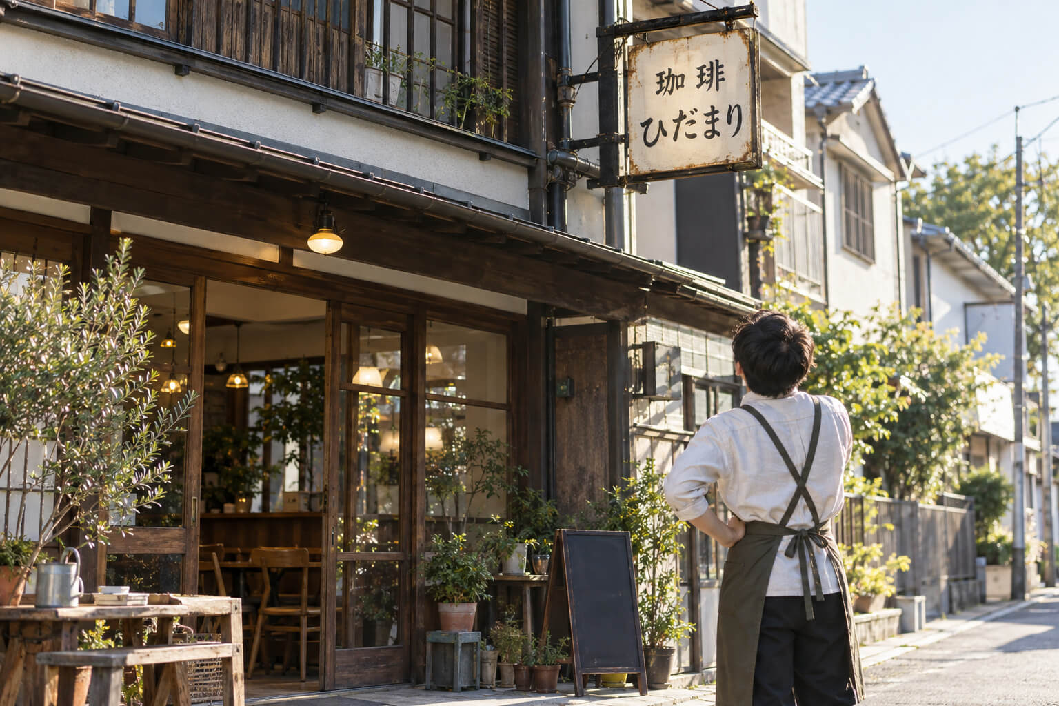 店舗のオーナーが歩道から自分の店の袖看板を見上げて、傾きやサビがないか確認している様子