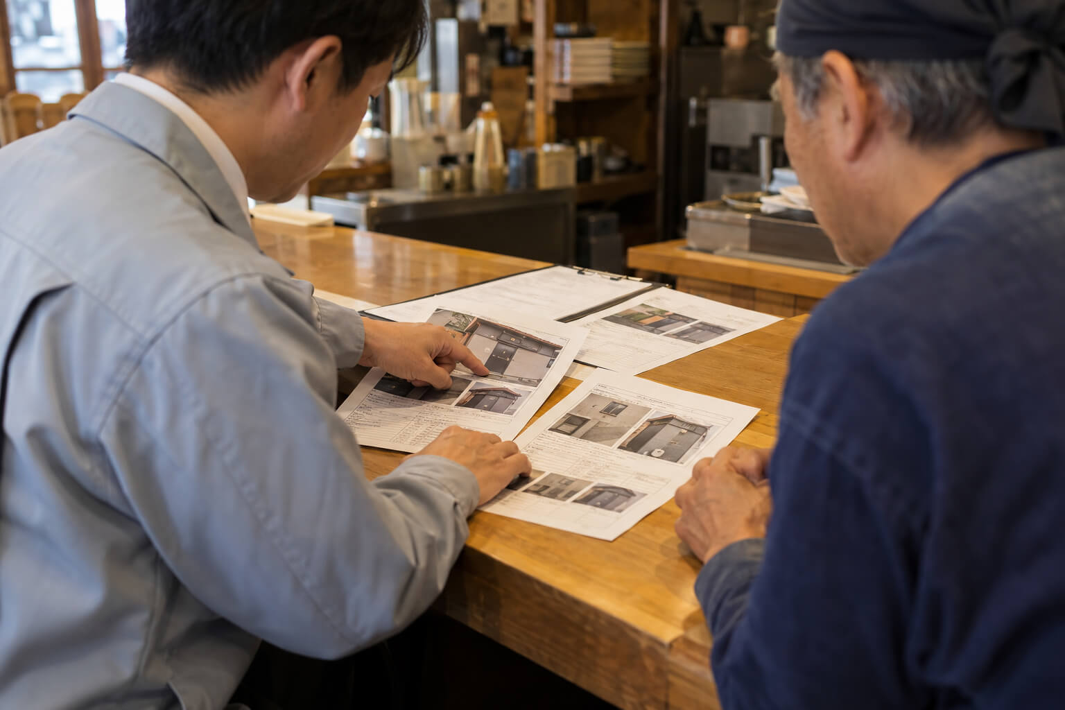 点検員が店舗のオーナーに、写真付きの点検報告書を見せながら結果を説明している様子