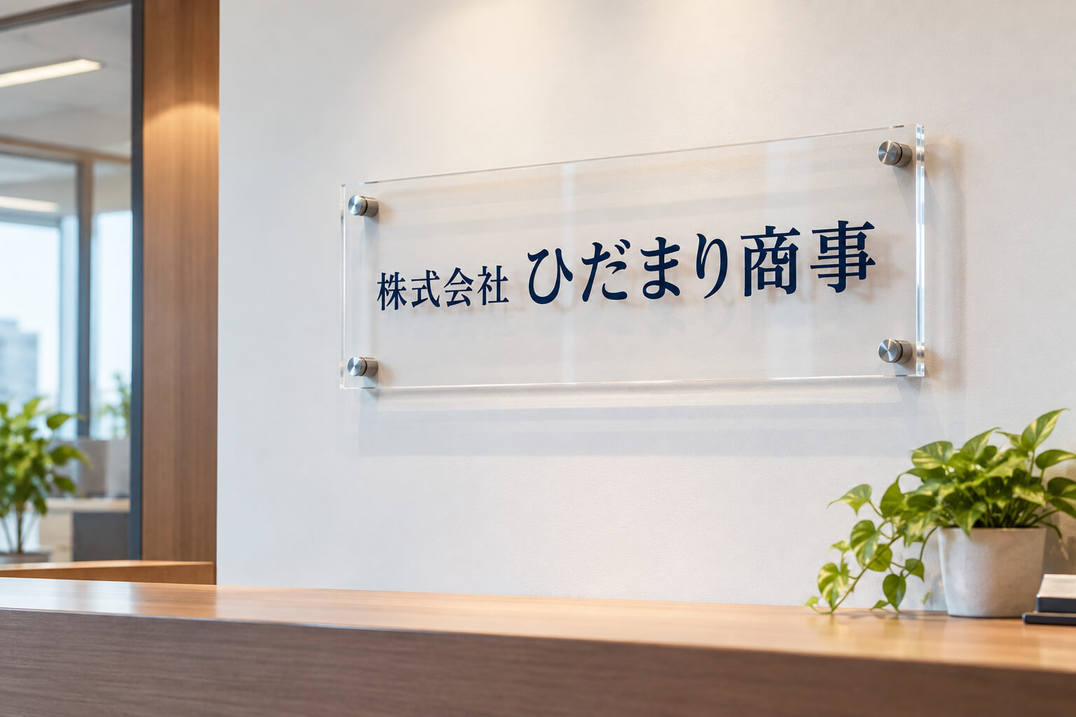 白い壁のオフィス受付に、化粧ビスで壁から浮かせて取り付けた透明アクリルの社名看板