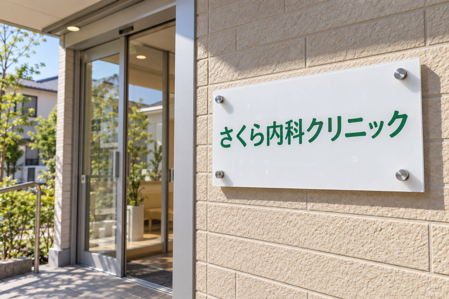 住宅街のクリニックの入口横の外壁に、化粧ビスで取り付けた白いアクリル看板