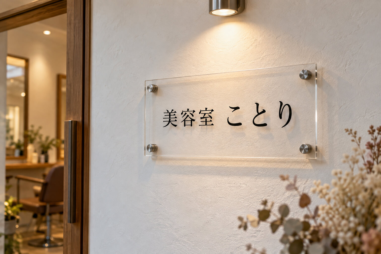 美容室の白い壁に、黒いロゴを入れた透明アクリル看板を化粧ビスで浮かせて取り付け、壁に影が落ちている様子
