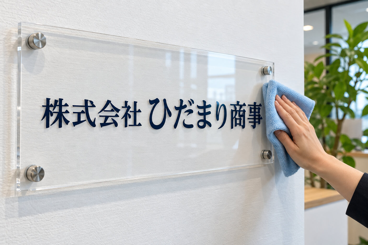柔らかい布で、受付のアクリル看板をやさしく拭いている様子