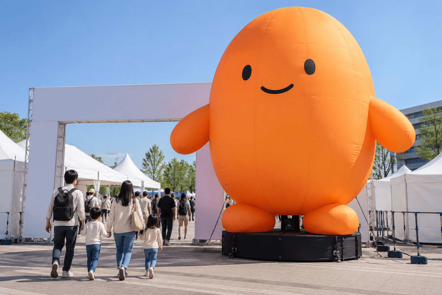 住宅展示場のモデルハウスの前の芝生に、緑色の地に白い文字の全高3mのエアー看板が立ち、のぼりと並んでいる様子