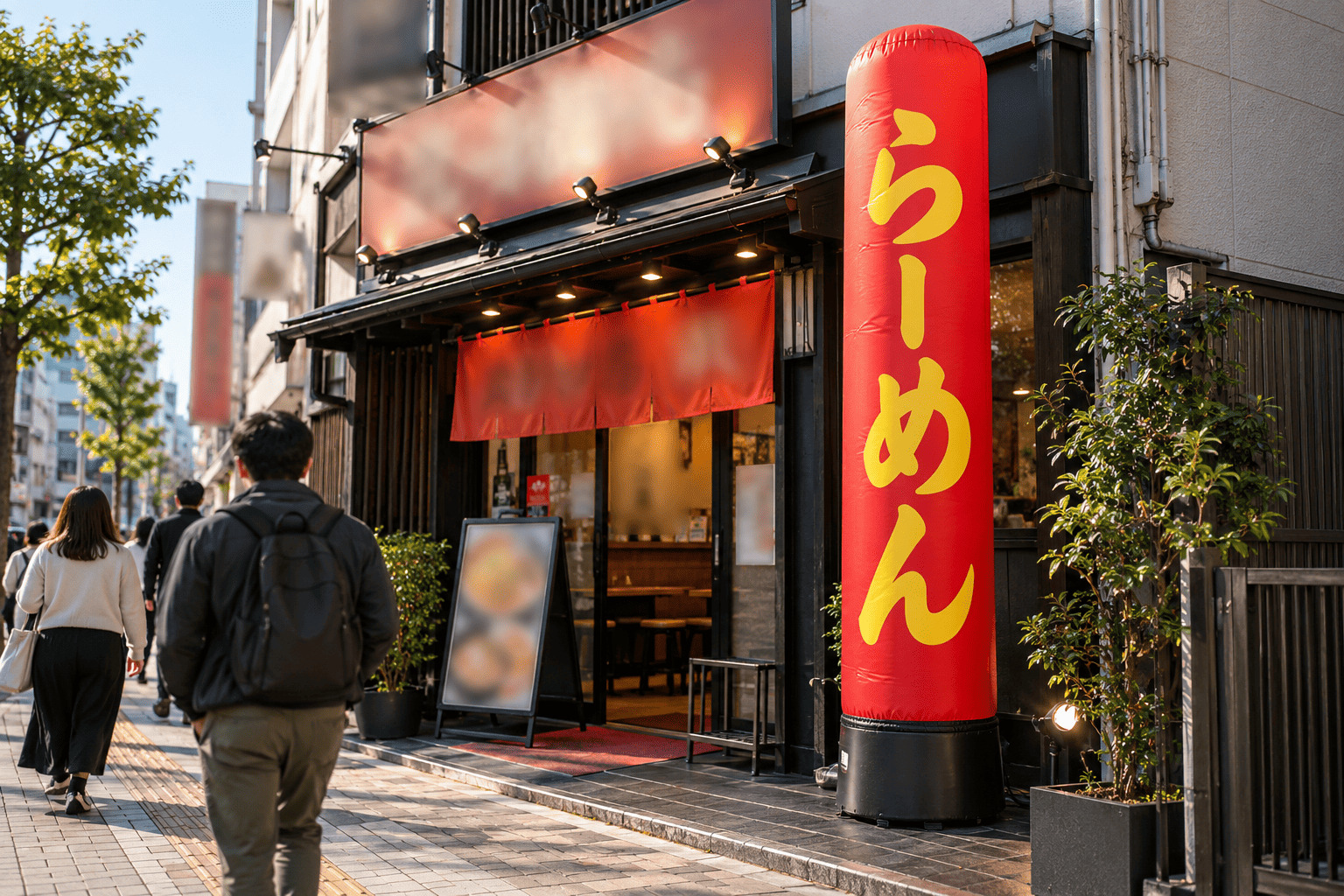 屋外のイベント会場の入口に、丸い体の架空のマスコットキャラクターの形をした大きなエアー看板が立ち、家族連れがそばを歩いている様子