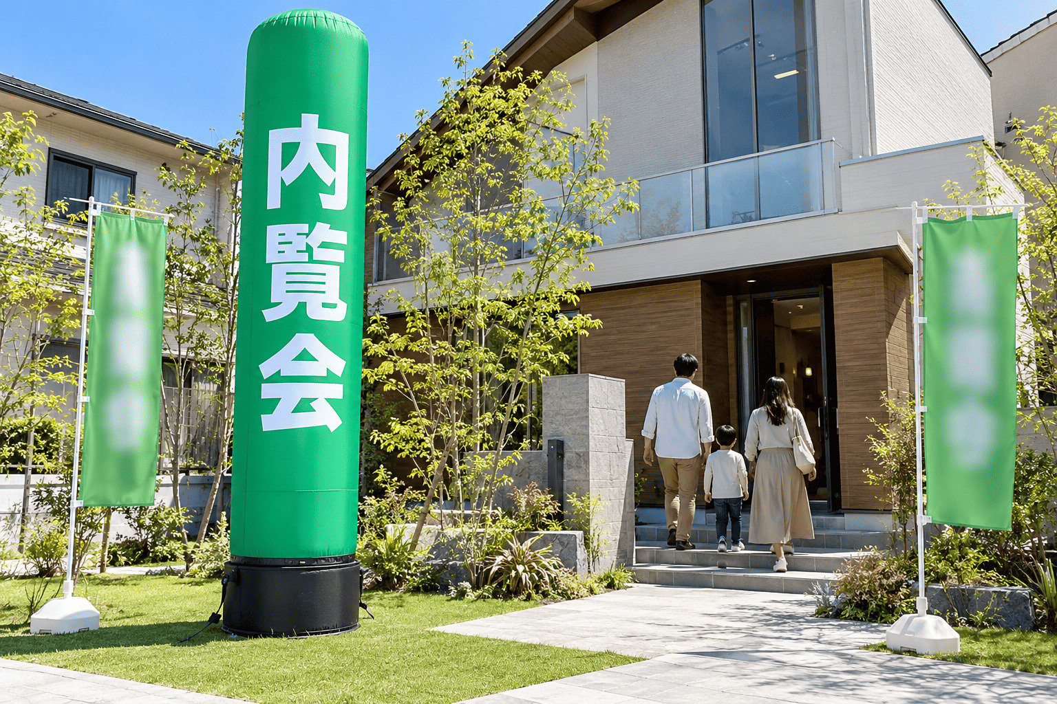 夜の飲食店街で、居酒屋の入口の横に置かれたエアー看板が中から白く光り、赤い文字が浮かび上がっている様子