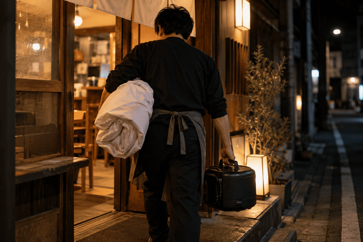 閉店後の夜、店主がエアー看板の電源を切ってしぼんだバルーンを畳み、土台と一緒に店の中へ運び入れようとしている様子