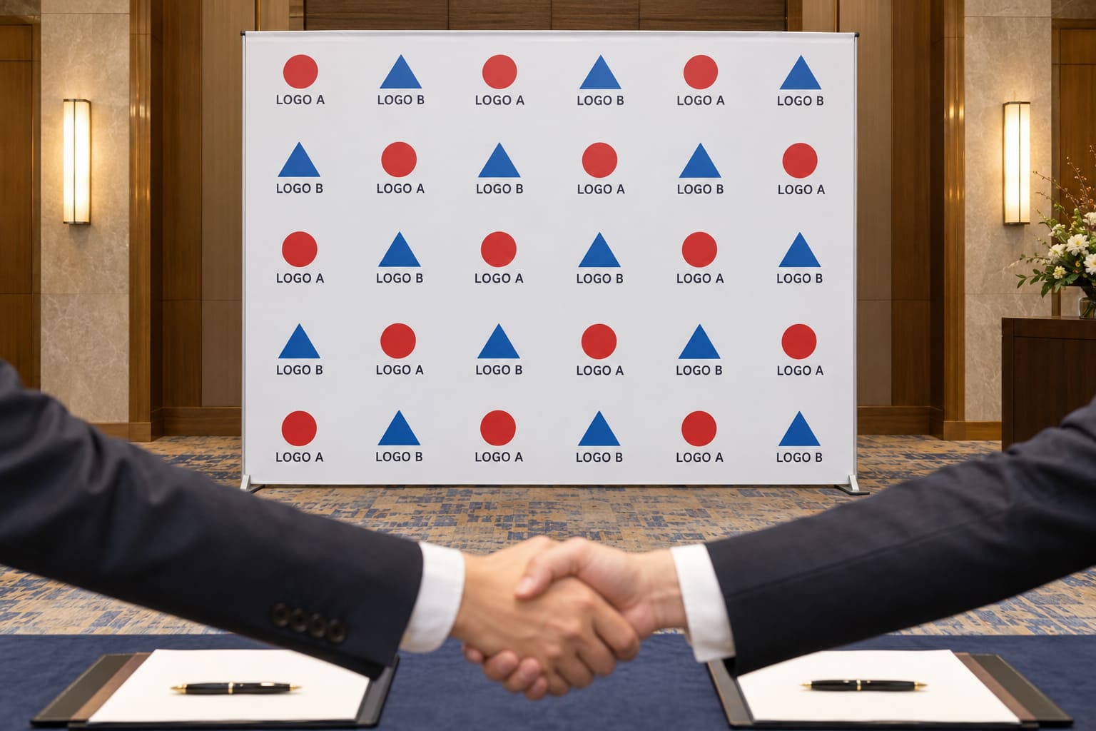 白地に赤いロゴと青いロゴを1マスずつ交互に並べたバックパネルの前で、2人が握手している調印式の様子