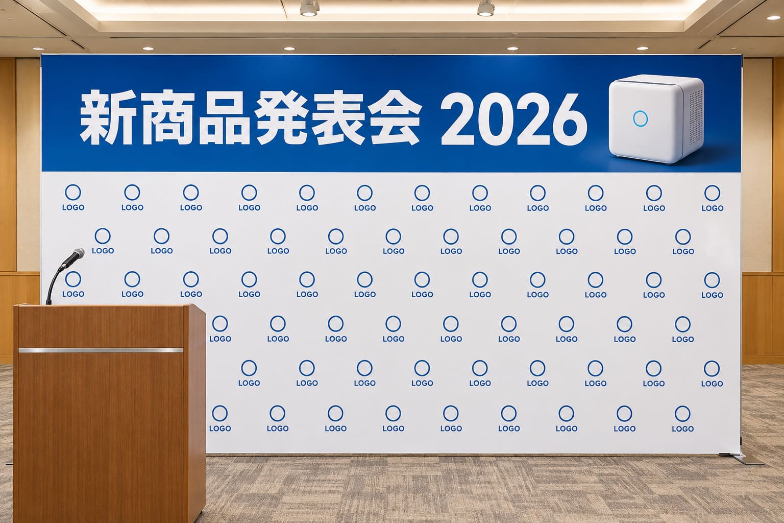 上部に「新商品発表会」の文字と商品写真、下部に小さなロゴの格子を並べたバックパネルと、登壇用の演台