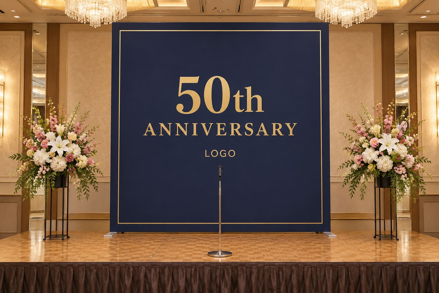 紺地に金色の「50th ANNIVERSARY」の文字と細い金の枠を入れた大型バックパネルが立つ、ホテルの宴会場の壇上