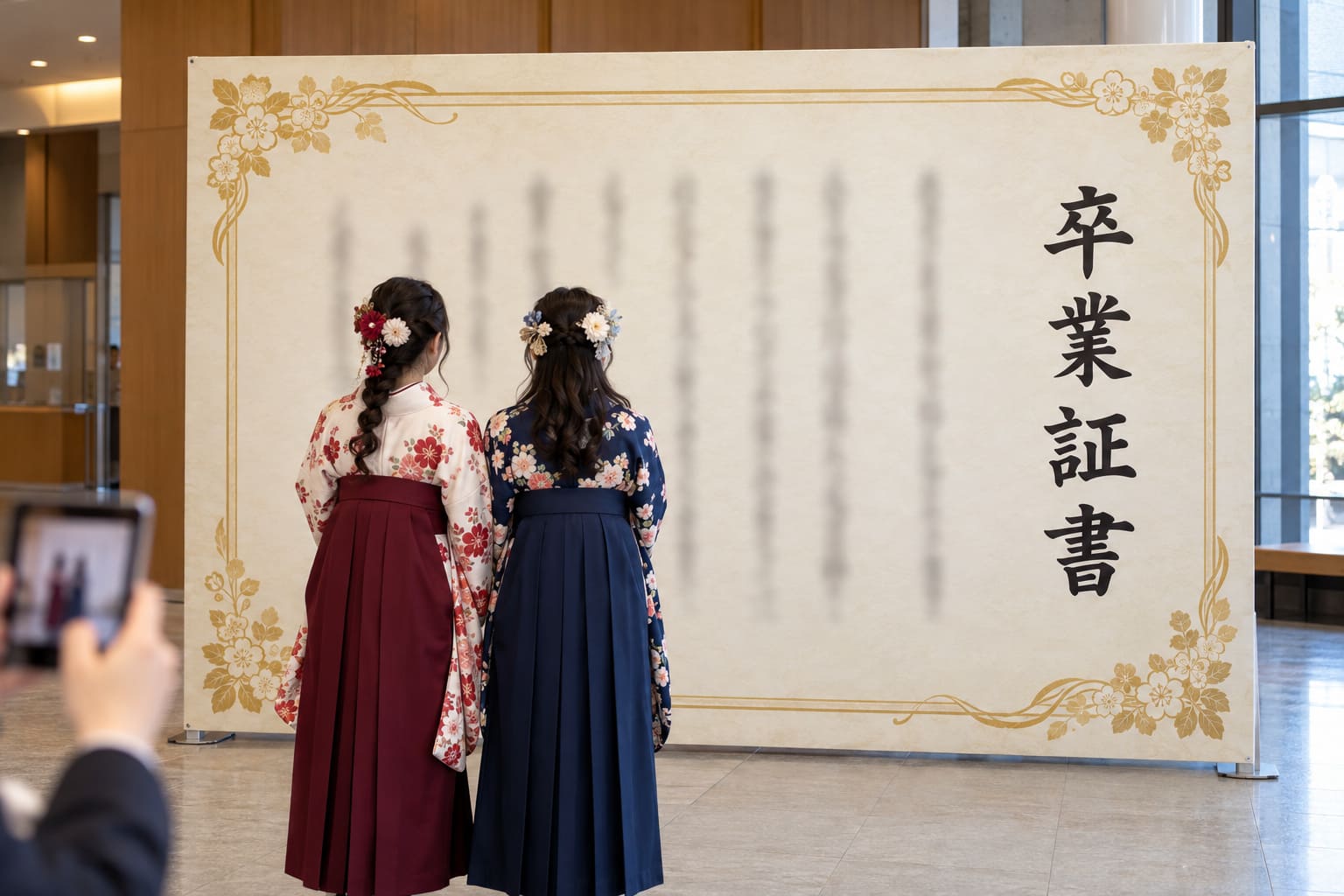 大きな卒業証書を描いたバックパネルの前で、卒業生2人が後ろ姿で並んでいる校内の記念撮影コーナー