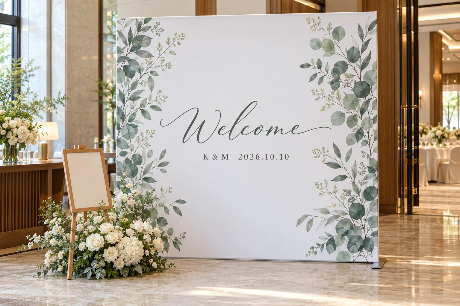 白地に緑の葉と「Welcome」の文字を描いたバックパネルが、結婚式場の受付の横に立っている様子