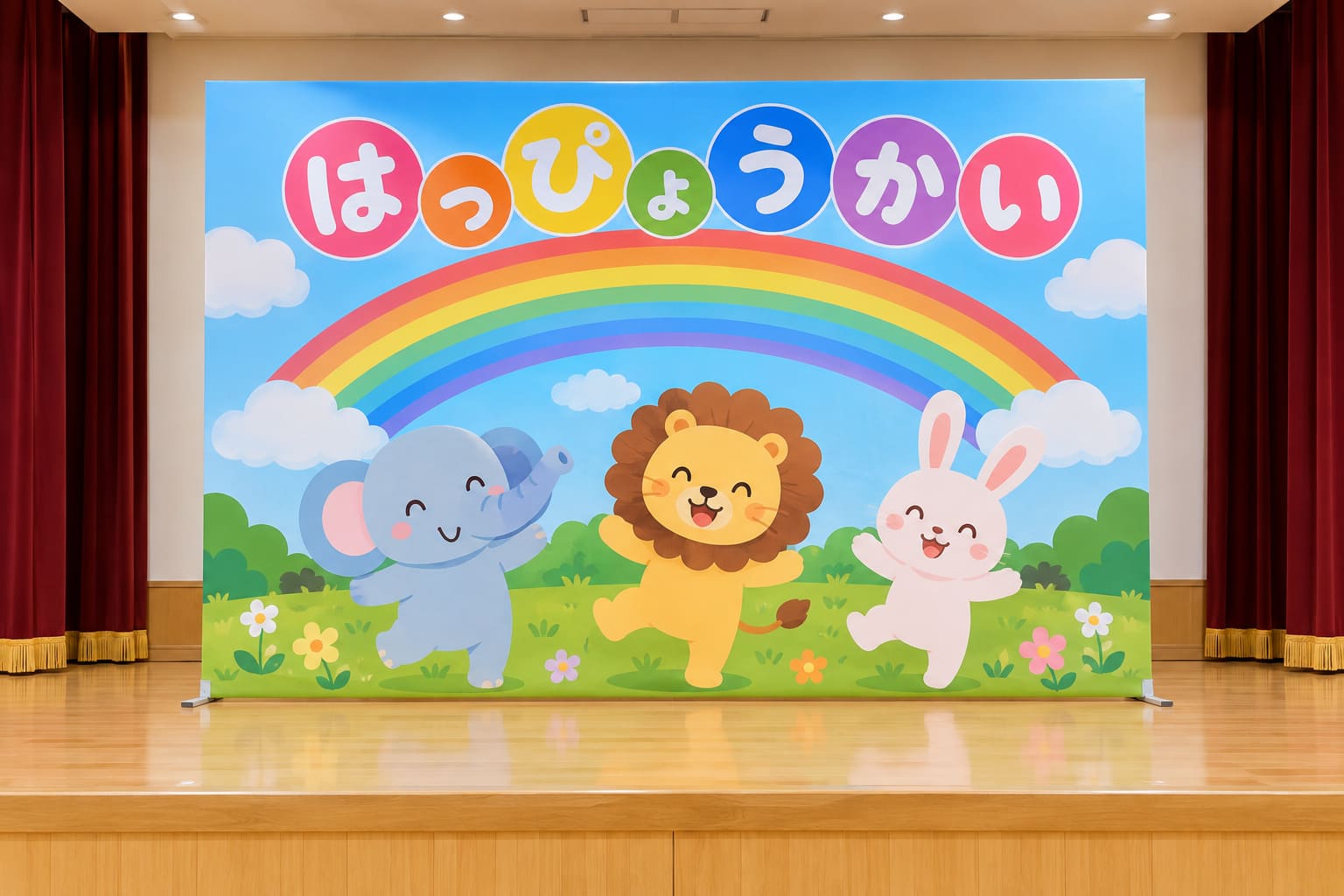 動物のイラストと「はっぴょうかい」の文字をカラフルに描いたバックパネルが立つ、幼稚園のホールのステージ