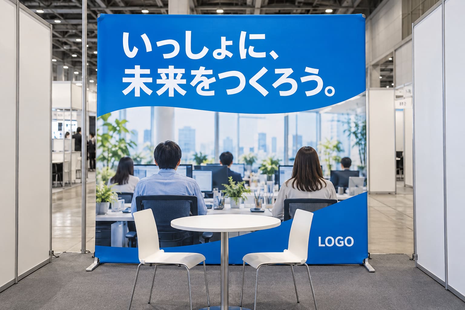 青いコーポレートカラーにキャッチコピーと働く人の後ろ姿の写真を入れたバックパネルがある、合同企業説明会のブース