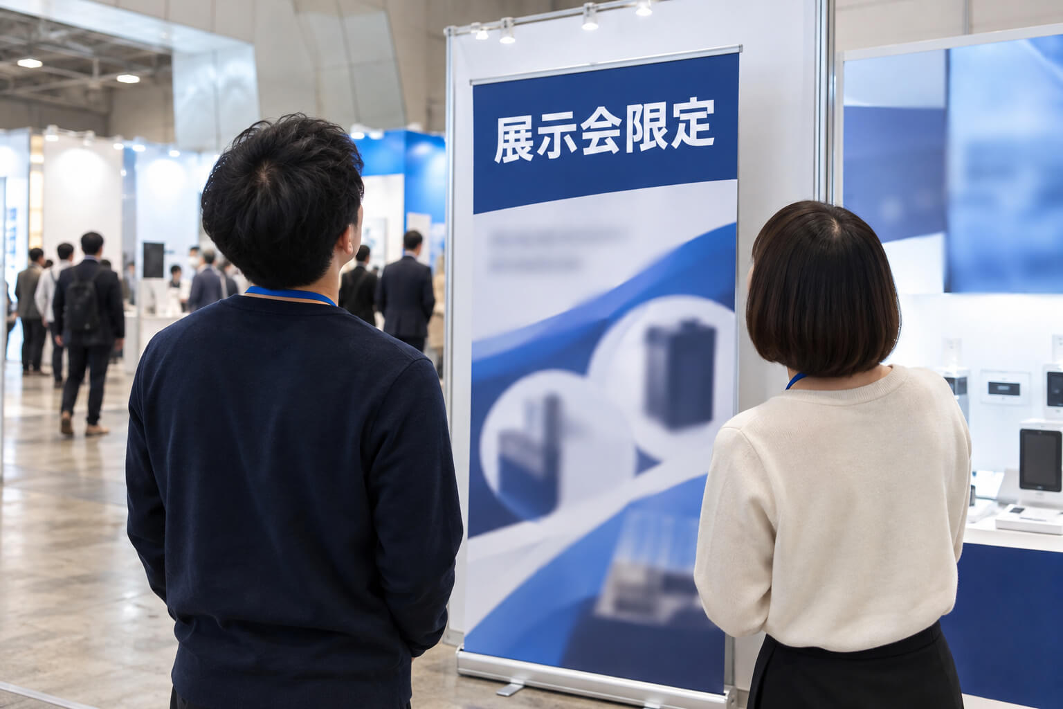 展示会の通路から、来場者がロールアップバナーの社名とキャッチコピーを見上げている後ろ姿