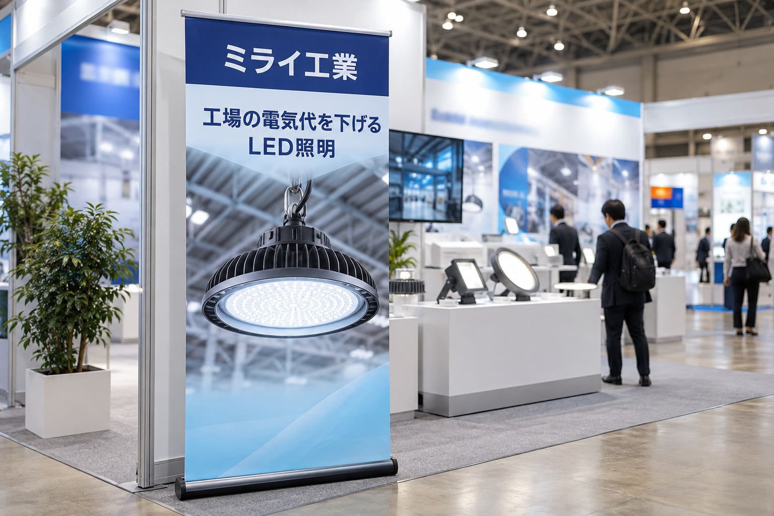 展示会のブースの角に、上に紺色の帯で社名、真ん中に工業製品の大きな写真が入ったロールアップバナーが立っている様子。土台は黒く丸みのある形