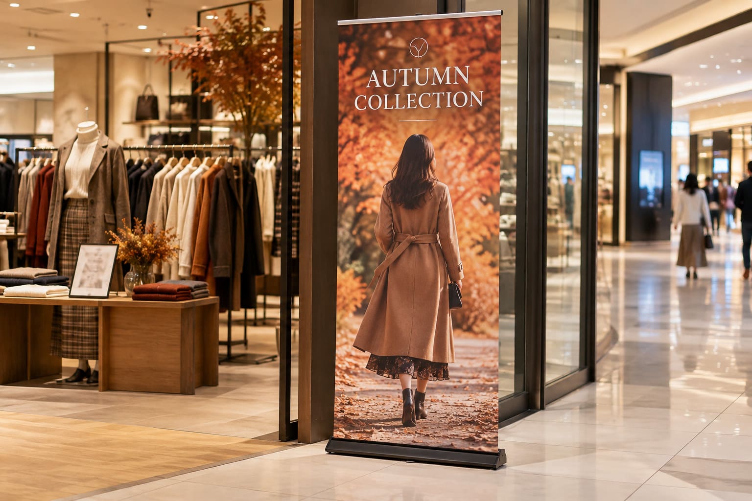 商業施設の中のアパレル店の入口の横に、秋の新作を着たモデルの後ろ姿の写真と「AUTUMN COLLECTION」の文字が入ったロールアップバナーが立っている様子