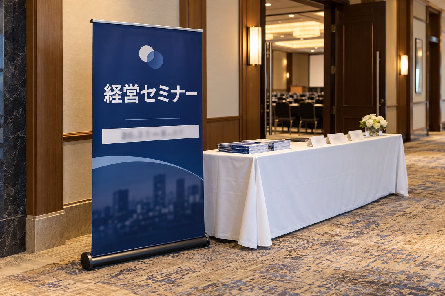 ホテルの会議室の前の受付の机の横に、腰の高さほどに低くしたロールアップバナーが立ち、上の部分にセミナーの名前と日付が入っている様子（文字はぼかす）