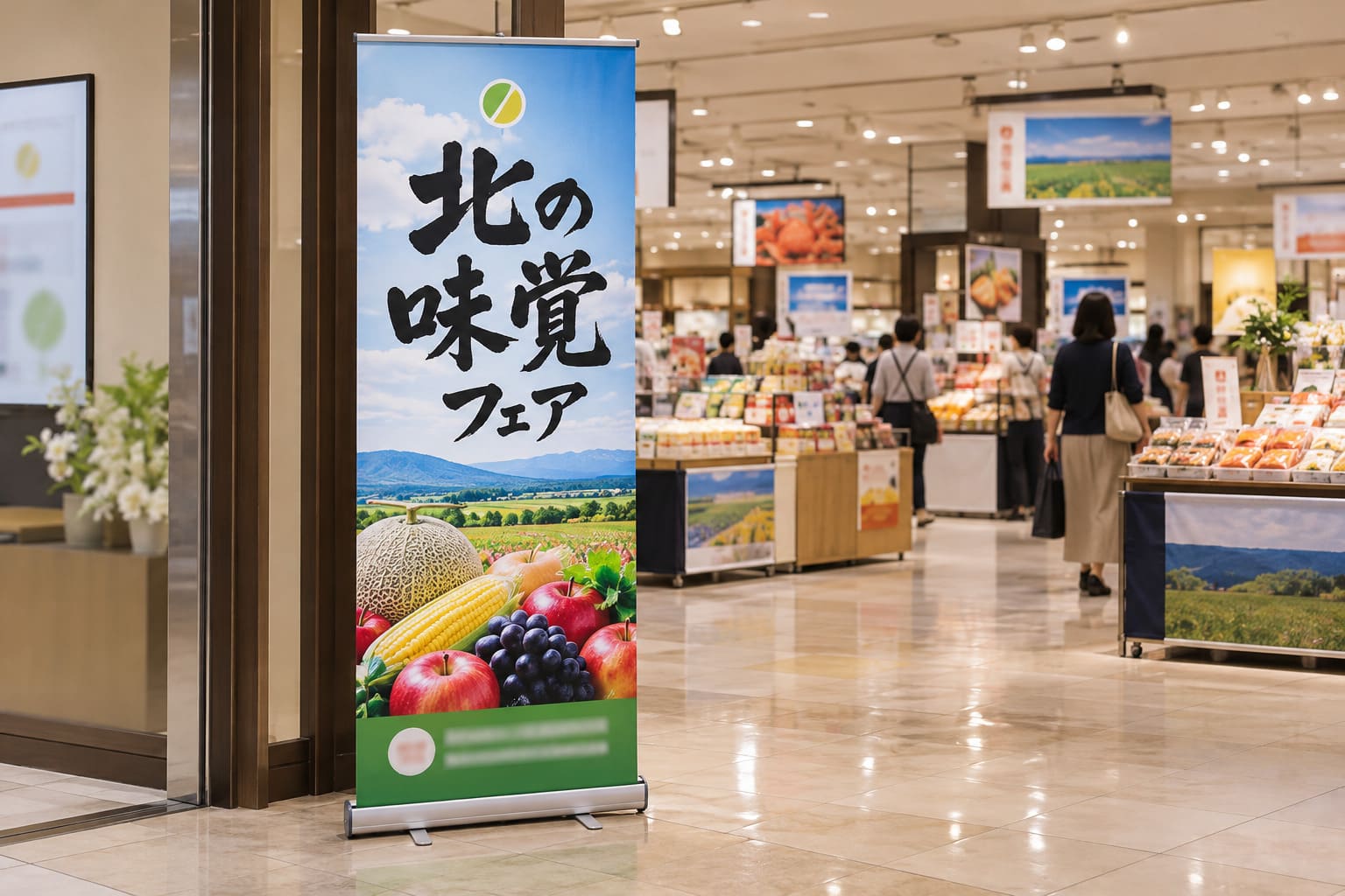 百貨店の催事場の入口に、果物と田園の写真を背景に、筆文字風の「北の味覚フェア」の文字が入ったロールアップバナーが立っている様子