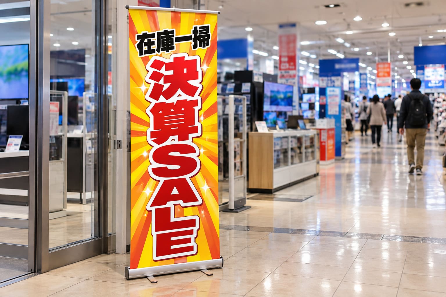 家電量販店の入口に、黄色とオレンジの放射状の背景に、白で縁取った赤い大きな文字で「決算SALE」と入ったロールアップバナーが立っている様子
