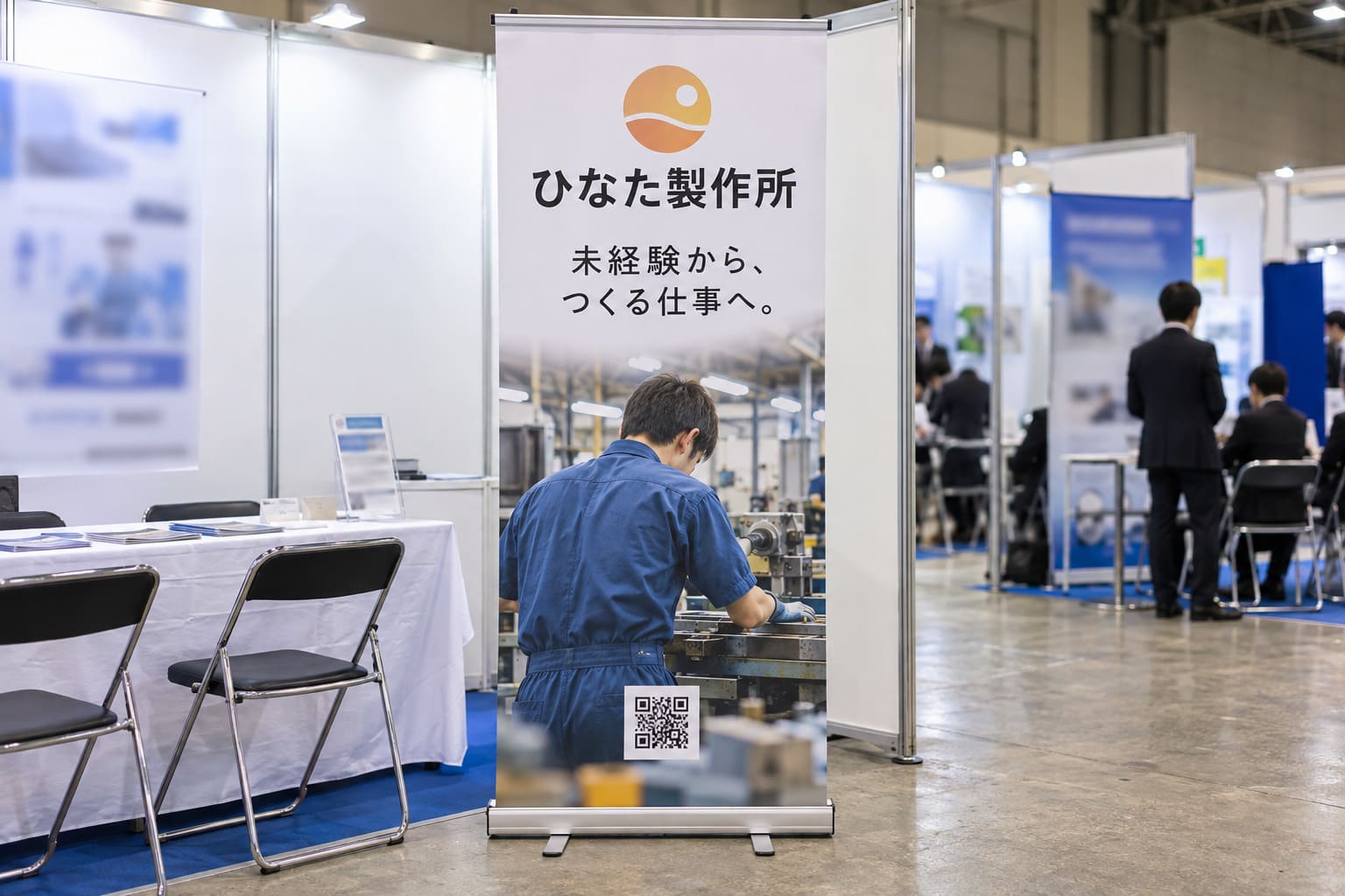 合同企業説明会の会場のブースで、作業服を着た若い社員の後ろ姿の写真と、上に会社名と「未経験から、つくる仕事へ。」の文字が入ったロールアップバナーが立っている様子