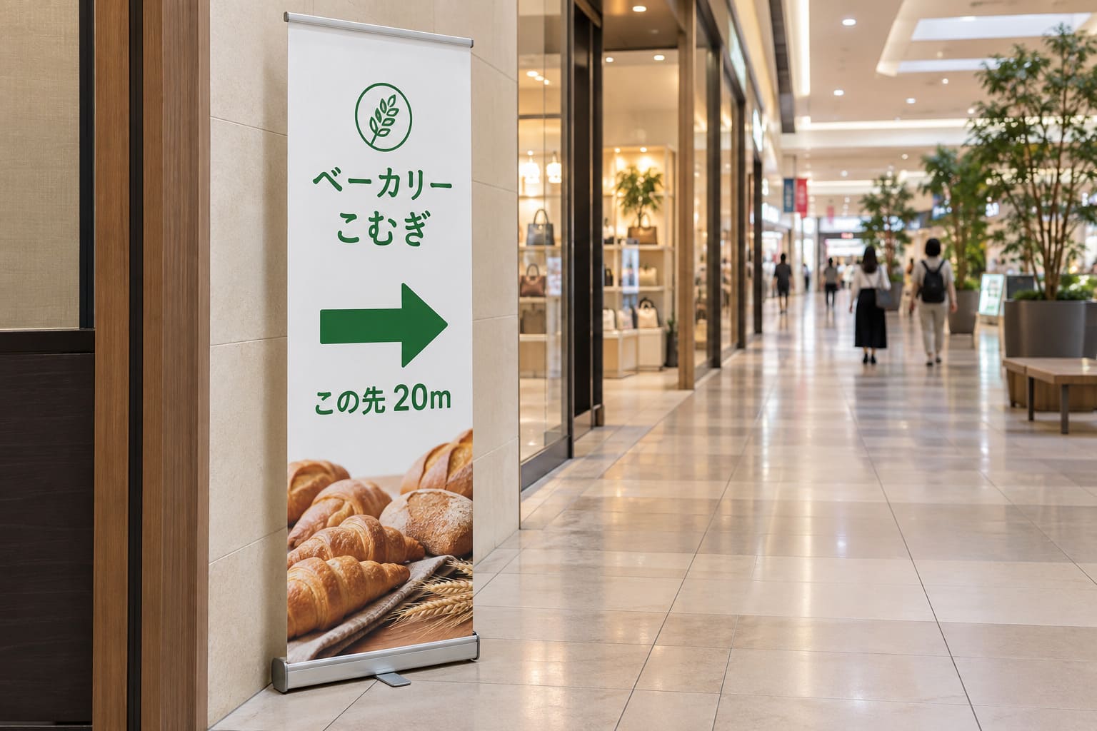 ショッピングモールの通路で、テナントの区画の前に、上に店名、真ん中に大きな矢印と「この先 20m」の文字が入った細身のロールアップバナーが立っている様子