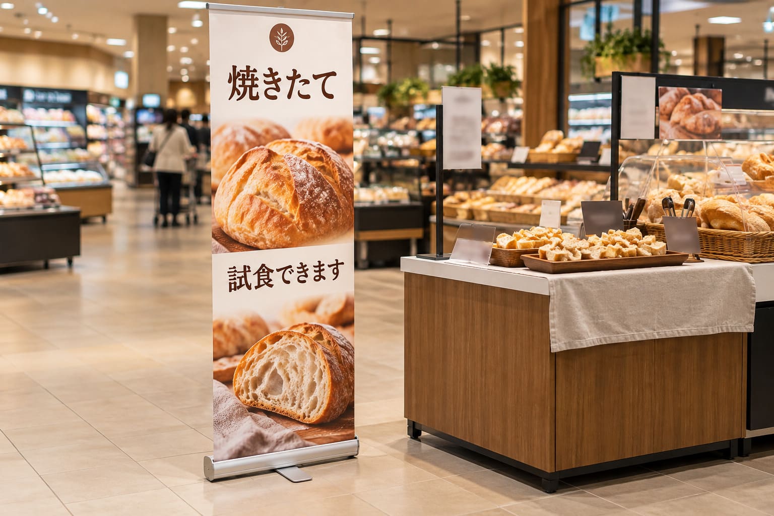 スーパーの食品売場の試食台の横に、焼きたてのパンの写真と「焼きたて 試食できます」の文字が入った細身のロールアップバナーが立っている様子