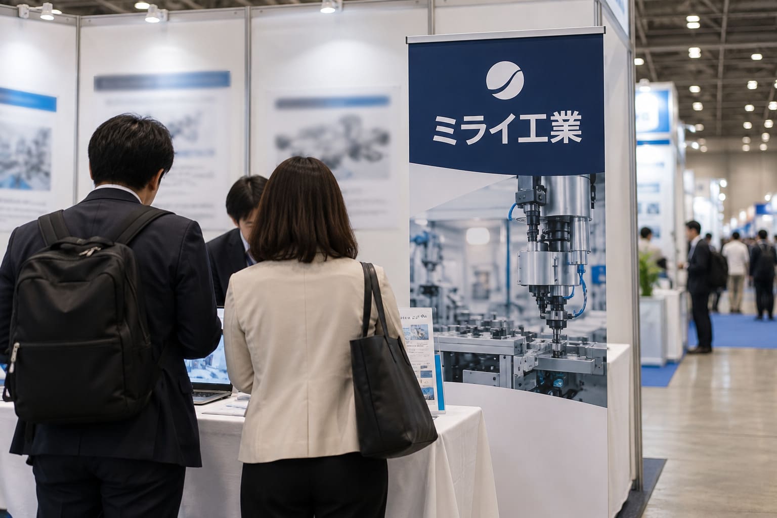 展示会の通路から、ブースの角に立つロールアップバナーを見た様子。手前に長机と人がいて、バナーの下の部分が隠れ、上の社名とキャッチ、真ん中の写真がよく見えている
