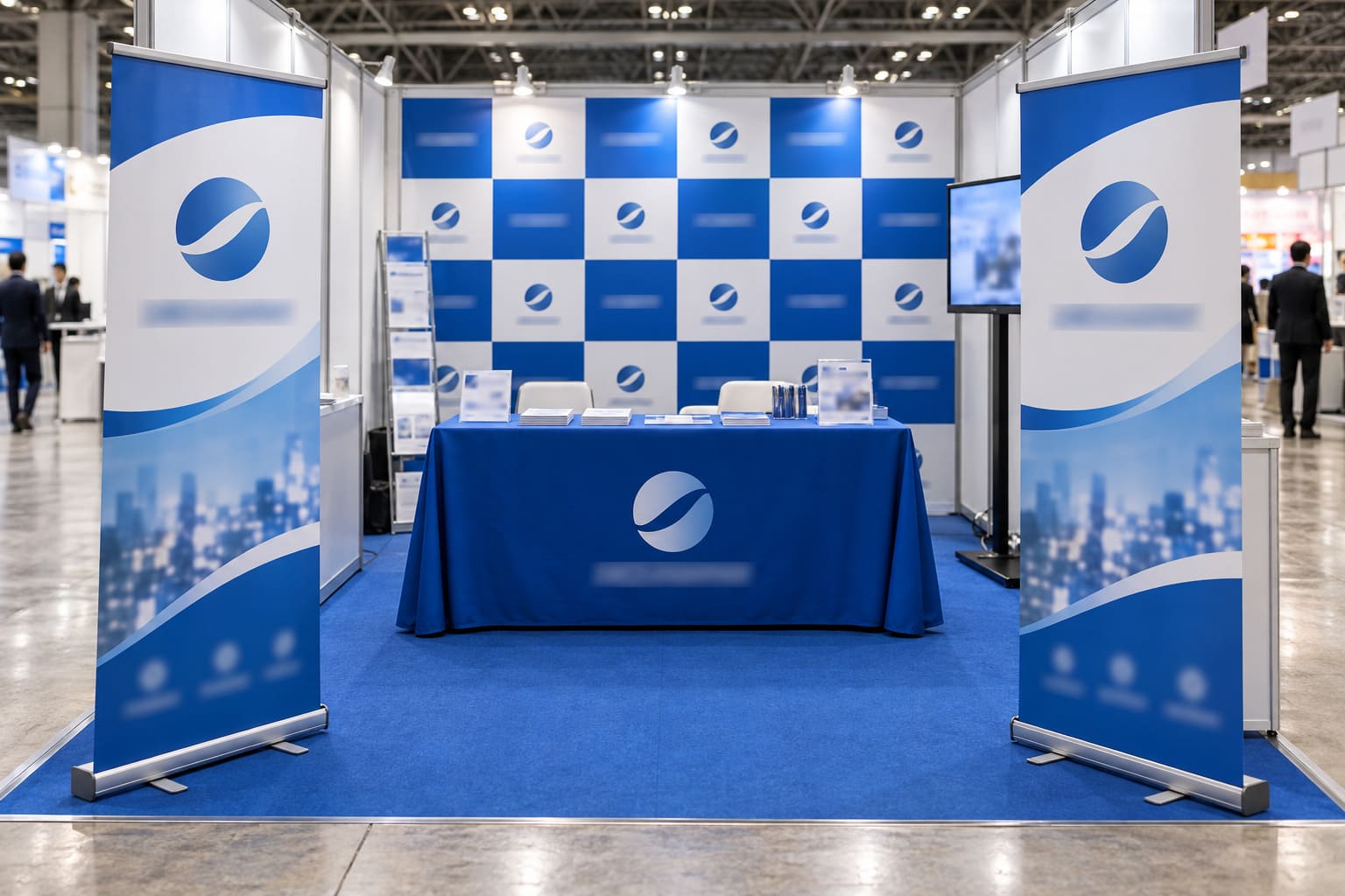 展示会のブースで、奥のバックパネル、手前の受付テーブルのテーブルクロス、両角の2台のロールアップバナーが、同じ青と白のデザインとロゴでそろえられている様子