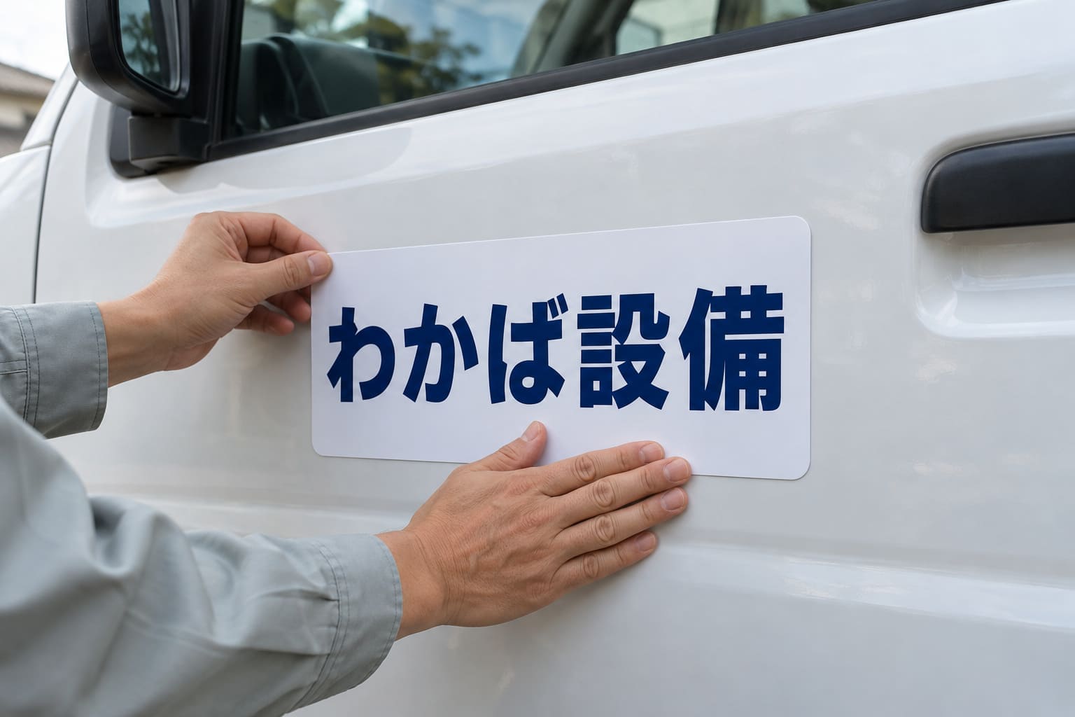 白い軽バンの運転席のドアに、社名が入った横長のマグネットシートを両手で当てて貼っている手元