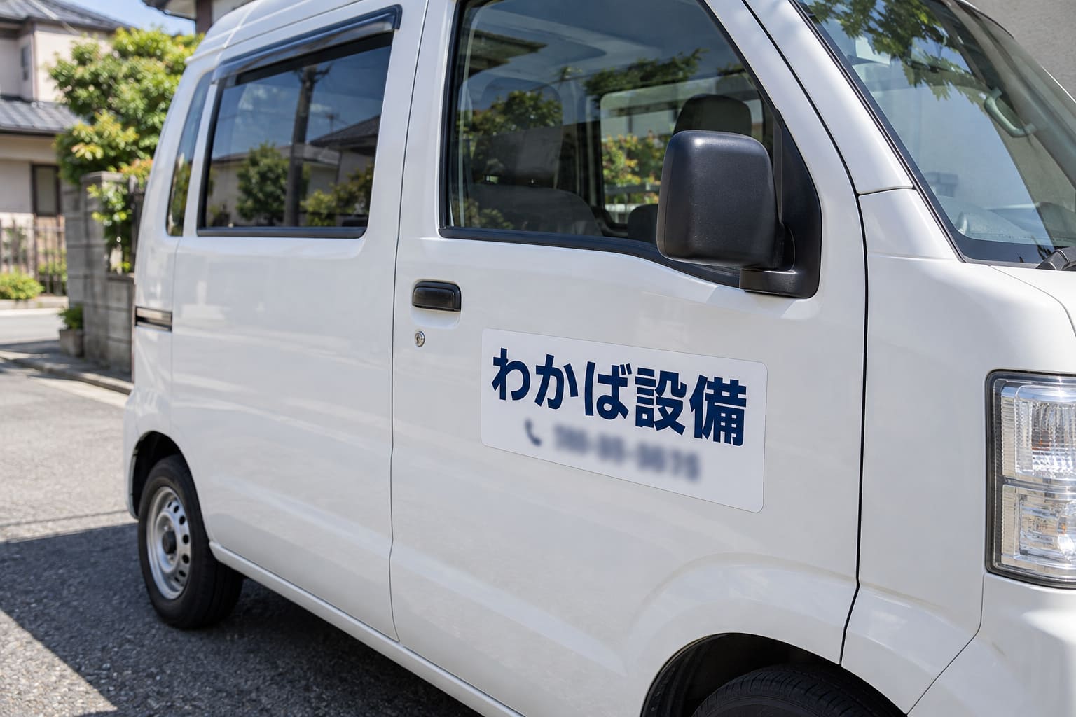 白い軽バンの運転席のドアに、紺色の大きな文字で「わかば設備」、下に電話番号が入った横長のマグネットが貼られている様子